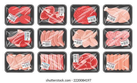 Caricatura producto de carne congelada en envases de plástico al vacío. Carne de buey cruda, pechuga de pollo y salchichas empacadas con un conjunto de ilustración vectorial plana de polietileno. Comida de carne en bandejas de plástico