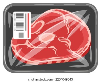 Cartoon frozen meat steak. Raw beef steak in vacuum plastic packaging, filet ribeye or minion packed with polyethylene flat vector illustration on white background