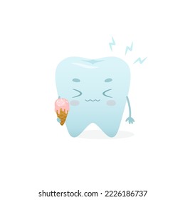 Cartoon frozen tooth with ice cream cone. Cute dental mascot for kids clinic. 