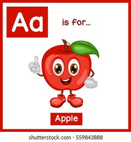 Cartoon Fruit Alphabet Flashcard. A is for Apple
