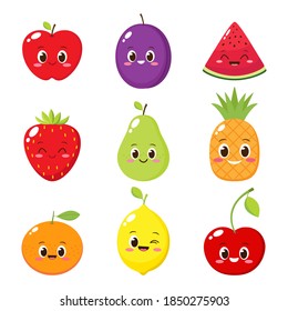 Cartoon fruit and berry characters set. Apple, strawberry, watermelon, cherry, lemon, pineapple, orange, plum, pear emoji vector illustration