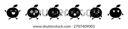 Cartoon Fruit Character Emoticons Running with Different Facial Expressions in Monochrome