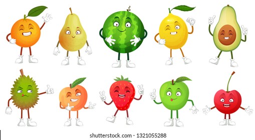 Cartoon fruit character. Happy fruits mascot funny durian, smiling apple and pear. Healthy fresh food emoji, fun fruit comic emotion watermelon, avocado faces. Vector illustration isolated icons set