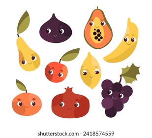 Cartoon fruit character set. Funny emoticon in flat old cartoon style. Vector illustration.