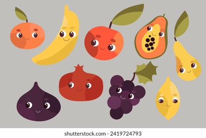 Cartoon fruit character set. Funny emoticon in flat style. Vector illustration.