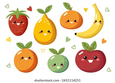 Cartoon fruit character set. Funny emoticon in flat style. Food emoji vector illustration. Strawberry, banana, orange, apple, tangerine, lemon, lime.