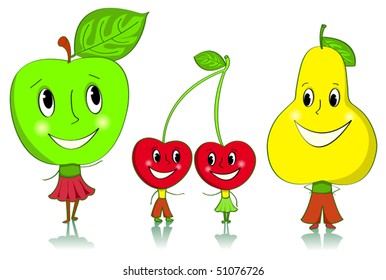 Cartoon fruit characters. Apple, cherries and a pear. Isolated on white.