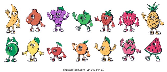 Cartoon fruit characters. Fresh fruits grocery mascots in 1930s rubber hose style isolated vector illustration set of fruit food grocery, fresh market organic