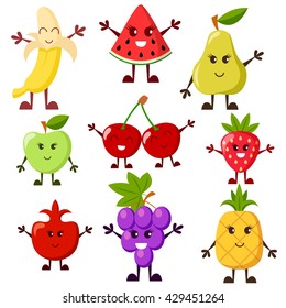 Caricaturas de frutas. Uva, sandía, manzana, fresa, plátano, cereza, pera, pera, piña, ajo