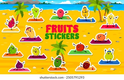 Cartoon fruit characters on summer beach yoga fitness, stickers pack. Vector playful fruits enjoying fitness activities and exercises on a yoga mats, on sunny beach with palm trees and a serene ocean
