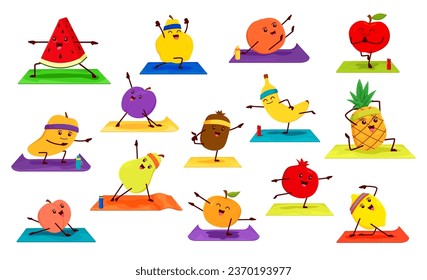 Cartoon fruit characters on yoga, farm food vector personages doing fitness and pilates sport exercises. Cute banana, apple, lemon, pineapple and watermelon, orange and mango performing yoga poses