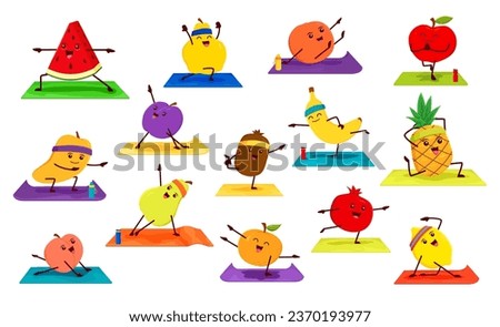 Cartoon fruit characters on yoga, farm food vector personages doing fitness and pilates sport exercises. Cute banana, apple, lemon, pineapple and watermelon, orange and mango performing yoga poses
