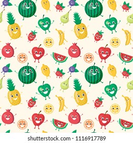 Cartoon fruit characters seamless pattern wallpaper.