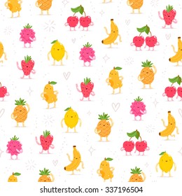 Cartoon fruit characters seamless pattern
