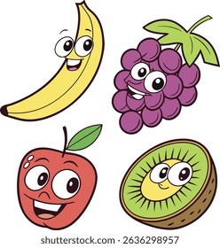 Cartoon Fruit Collection Banana, Grapes, Apple, and Kiwi Characters