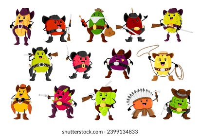 Cartoon fruit cowboy, sheriff, ranger and bandit characters. Vector western melon, apple, feijoa or plum. Durian, pear, lychee, figs and carambola with mango, dragon fruit, grapes, orange and bergamot