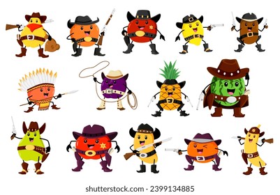 Cartoon fruit cowboy, sheriff, ranger bandit characters. Vector banana, plum and lemon, mandarin and kiwi. Pineapple, pear, mango, and apricot, watermelon, quince, apple and orange rancher personages