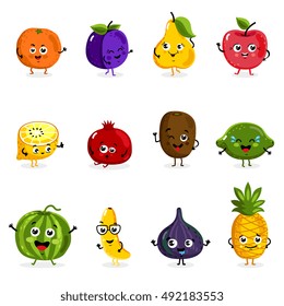Cartoon fruit cute characters face isolated on white background vector illustration. Funny fruit face icon vector collection. Cartoon face food emoji. Fruit emoticon. Funny food concept. Vector fruit.