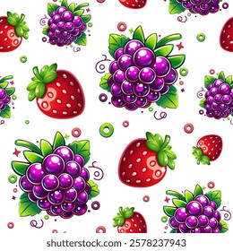 Cartoon Fruit Design with Strawberries and Grapes. Colorful Berries Pattern with Leaves and Fun Elements. Playful Fruit Illustration Featuring Grapes and Strawberries