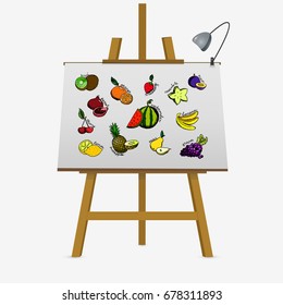 Cartoon fruit icons on easel. Hand drawn vector stock illustration.