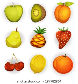 Cartoon Fruit Icons Set/ Illustration of a set of cartoon spring and summer fruits and ingredients for food recipes and marmalade