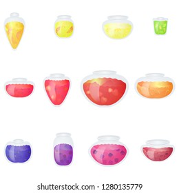 Cartoon fruit jam jar icon set delicious strawberry, peach, raspberry, lemon, lime jam jar vector illustration.