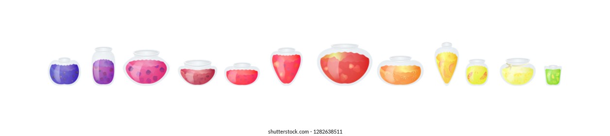 Cartoon fruit jam jar icon set delicious strawberry, peach, raspberry, lemon, lime jam jar vector illustration.