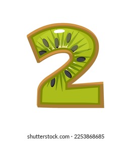 Cartoon Fruit kiwi number 2, digit two. Vector object