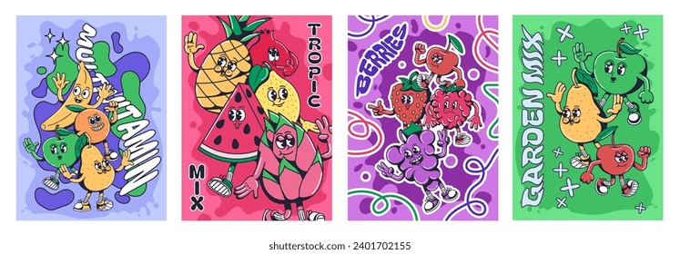 Cartoon fruit mix. Multivitamin, tropical fruits and berries garden mix posters with 1930s mascot characters vector illustration set of juice sweet, orange and pineapple