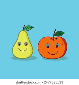 Cartoon Fruit as a orange and pear mascot character on sky blue backgorund.