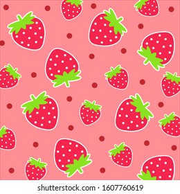 Cartoon fruit pattern.Cute fresh strawberry with white outline stroke and polka dot isolated on red background.Design for print or screen backdrop ,Fabric and tile wallpaper.Vector.Illustration.