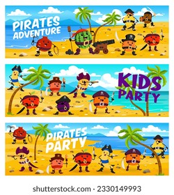 Cartoon fruit pirates and corsairs characters on treasure island. Vector horizontal banners with garnet, watermelon, orange and mango, kiwi, apple or banana. Plum, quince and peach funny picaroons