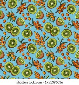 Cartoon fruit seamless pattern in hand-drawn style. Vector repeat background with kiwi and sea ​​buckthorn. Fresh food fabric design.