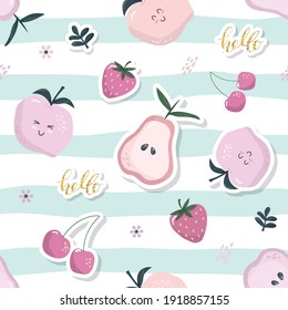 Cartoon fruit seamless pattern. Summer festive background. Funny stickers. Girly. Vector illustration