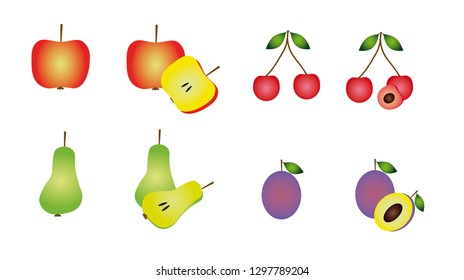 Cartoon fruit set, include apple and cherry, pear and plum. This is vector icons.