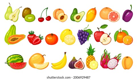 Cartoon fruit slices. Kiwi dragon fruit, pomegranate peach, apple, grape mango, lemon watermelon orange. Ripe juicy fruits vector set. Juicy tropical or exotic food with vitamins