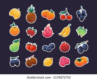 Cartoon fruit stickers. Fresh colorful organic fruits graphic bundle, sprite game asset of apple, apricot strawberry pineapple pomegranate raspberry. Vector set of organic food fresh illustration