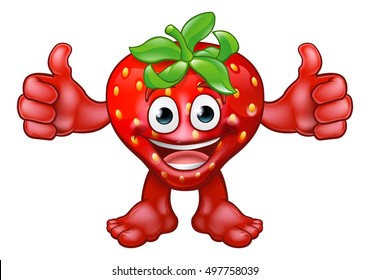 A cartoon fruit strawberry mascot character giving a thumbs up