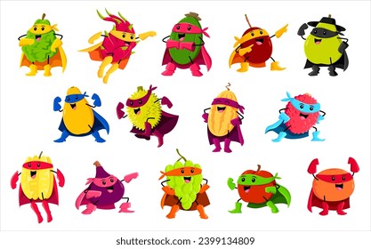 Cartoon fruit superhero and defender characters. Vector melon, apple, feijoa or plum. Durian, pear, lychee, figs or carambola with mango, dragon fruit, grapes, orange or bergamot super hero personages