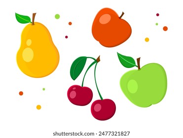 Cartoon fruit vector icon. Pear, apples, cherry. Summer collection, simple food set isolated on white background. Nature vector illustration
