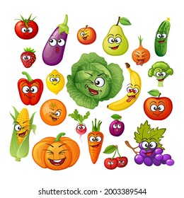 Cartoon fruit and vegetable characters. Fruit and vegetable emoticons. Vegan food