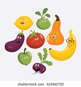 Cartoon fruit and vegetable cute characters face isolated on white background vector illustration. Funny fruit and vegetable face icon vector collection. Cartoon face food emoji. Vegetable emoticon. 
