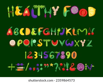 Cartoon fruit and vegetable font, healthy type or farm crop alphabet of summer food, vector typeface. Fruits and vegetables ABC, kid typeset font or typography text with asparagus, orange and avocado