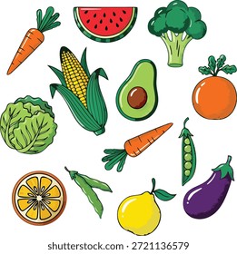 Conjunto de ilustrações de frutas e legumes de desenhos animados	