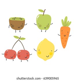 Cartoon fruit and vegetables. Kiwi, apple, carrot, cherry, lemon