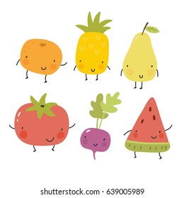 Cartoon fruit and vegetables. Orange, pineapple, pear, tomato, radishes, watermelon