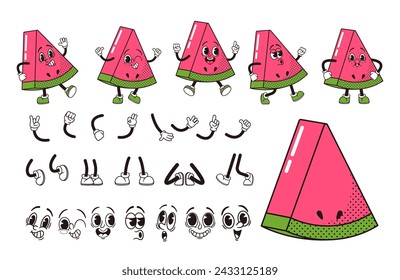 Cartoon Fruit Watermelon Slice Character Construction Kit. Isolated Vector Set Of Retro Groovy Hippie Personage Emotions