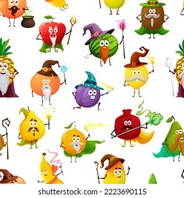 Cartoon fruit wizard, mages, warlocks and magician characters seamless pattern. Vector background with apple, watermelon, kiwi, orange or plum, garnet, banana, pear, lemon and pineapple, quince, mango