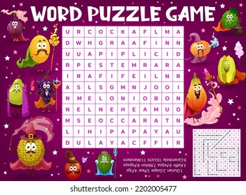 Cartoon fruit wizard, warlock, magician and sorcerer word search puzzle game worksheet kids quiz grid. Vector durian, grape, pear and figs, feijoa, melon, papaya, carambola, lichi, mandarin