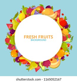 cartoon fruits background. colorful circle round frame with fresh healthy organic vitamin food vector illustrations